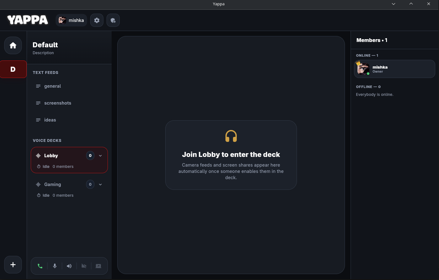 Yappa interface showing text feeds, voice decks, and members panel
