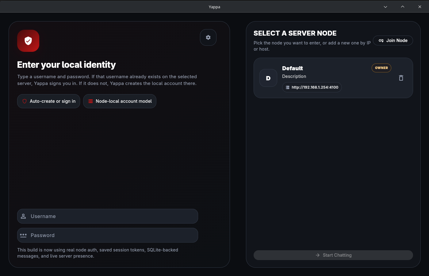 Yappa connection and identity screen
